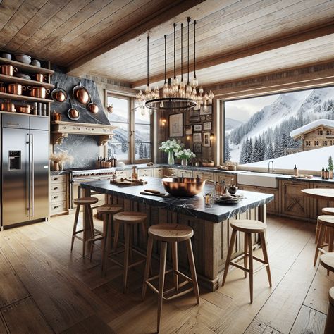 Immerse yourself in a rustic, elegant ski house kitchen. Features include a marble island, vintage chandelier, stainless steel amenities, and a cozy fireplace. Perfect for après-ski comfort. #SkiHouse #MountainLiving #RusticKitchen #LuxuryHomes #InteriorDesign #KitchenGoals Swiss Chalet Kitchen, Ski Lodge Kitchen, Ski Chalet Kitchen, Ski House Kitchen, Chalet Kitchen, Chalet Chic, Marble Island, Alpine Ski, Swiss Chalet