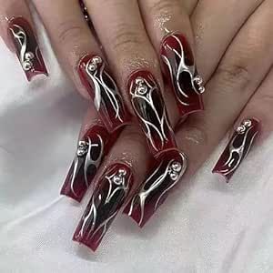 Red And Silver Nails, Acrylic Nail Set, Ombre Acrylic Nails, Goth Nails, Silver Nails, Rhinestone Designs, Nail Extensions, Artificial Nails, Nail Accessories