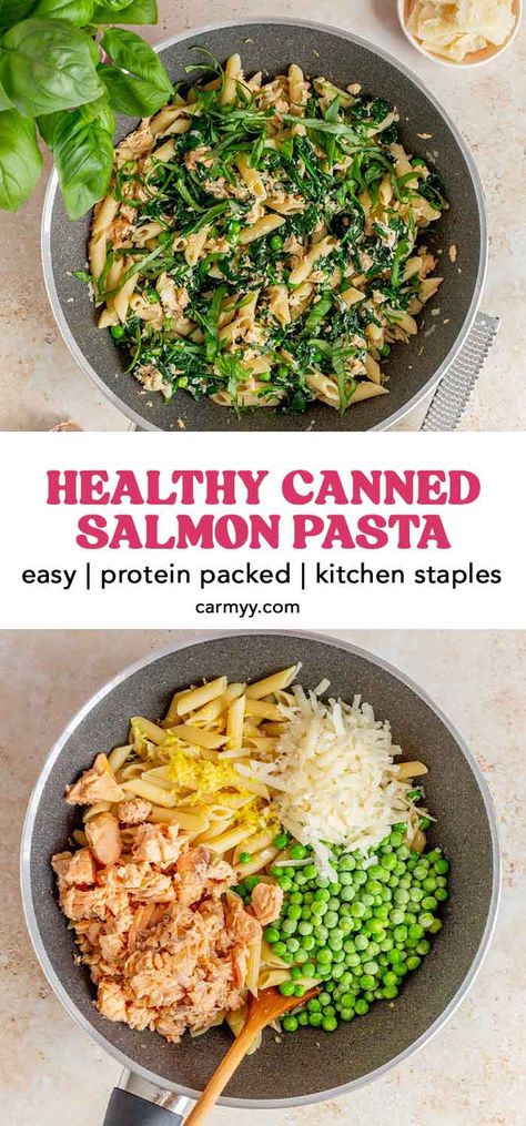 This simple canned salmon with pasta is full of fresh, bright flavors while using kitchen staples. Loads with canned salmon, spinach, and peas, this is a quick and easy recipe you can whip up on a busy weeknight night or prepare for a tasty make-ahead lunch for the week. Ready in 30 minutes or less. Easy Salmon Lunch Ideas, Canned Salmon And Pasta Recipes, Paleo Canned Salmon Recipes, Can Salmon Pasta Recipes, Pasta With Canned Salmon, Canned Salmon Pasta Salad, Canned Salmon Meal Prep, Meals With Canned Salmon, Canned Salmon Dinner Ideas