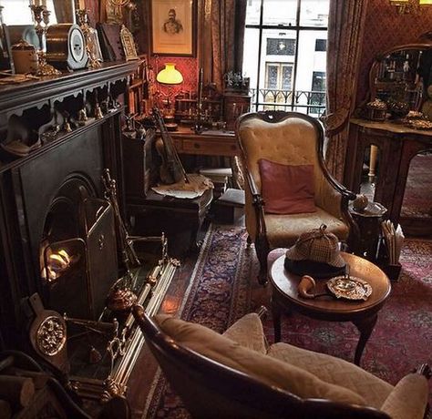 victorian parlour | Totally Sherlock 's flat. Look at that deerstalker on the coffee table Victorian Sitting Room, Victorian Gothic Home Decor, Victorian Rooms, Victorian Living Room, Victorian Parlor, Victorian Home Decor, Victorian Interior, Victorian Interiors, Victorian Furniture