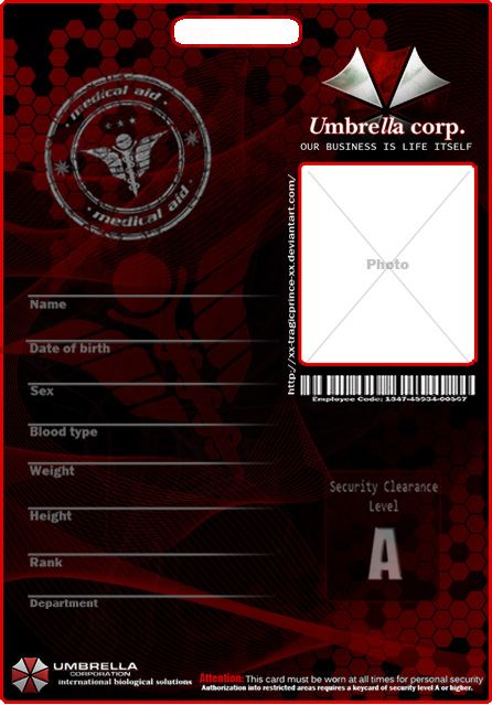 Blank Umbrella Medical Badge by KasuKitty on deviantART Umbrella Resident Evil, Me Template, Technology Design Graphic, Id Card Design, Umbrella Corporation, Shadow Of The Colossus, Fotografi Iphone, Medical Badge, Id Card Template