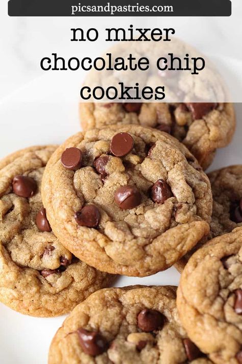 Crispy edges, chewy center and hints of toffee make these cookies incredible. Bonus, no mixer required to make these. No mixer chocolate chip cookies are perfect and easy to make. Chocolate Chip Cookies No Mixer, Cookies No Mixer, Coconut Desserts, Cookie Tray, Recipe Boards, Cookie Scoop, Oven Racks, Baking Sheets, No Bake Cookies