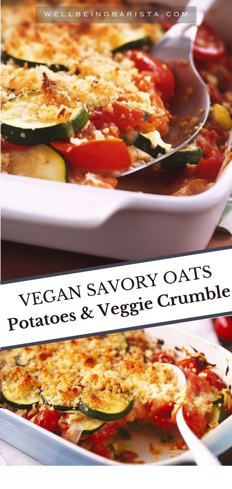 Indulge in the BEST savoury vegan crumble perfect at the end of Summer and Fall with its crispy oat topping covering tender potatoes, sweet carrots, succulent courgettes, and juicy peppers. With a sprinkle of vegan cheese and fragrant parsley, it’s a wholesome delicious dish. Swap the courgettes and capsicum with parsnips, squash and mushroom to give it a more Wintery mood.  Really perfect for any season. Savory Crumble, Savoury Crumble, Crunchy Fruit, Vegan Crumble, Chicken Satay Skewers, Sweet Carrots, Sweet Carrot, Peanut Butter Sauce, Blueberry Desserts