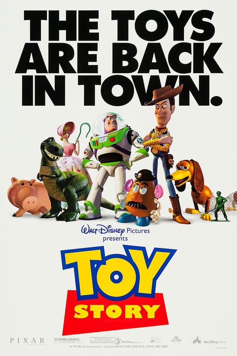 Toy Story is a 1995 American computer-animated adventure buddy comedy-drama film produced by Pixar Animation Studios and released by Walt Disney Pictures. Directed by John Lasseter, Toy Story was the first feature-length computer-animated film and the first theatrical film produced by Pixar. Toy Story follows a group of anthropomorphic toys who pretend to be lifeless whenever humans are present, and focuses on the relationship between Woody, a pullstring cowboy doll (voiced by Tom Hanks), and Bu Toy Story 1995, Gill Sans, Dibujos Toy Story, 1995 Movies, Toy Story Movie, Tim Allen, Pixar Films, Mens Toys, Toy Story Birthday Party