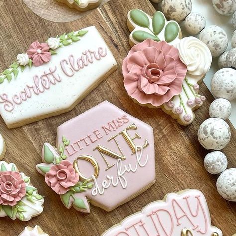 Roses First Birthday Theme, Pink Floral First Birthday, First Birthday Biscuits, Floral First Birthday Cookies, Little Miss Onederful Cookies, Isn’t She Onederful Cookies, First Birthday Cookies Girl, Pretty Shades Of Pink, Pregnancy Prep