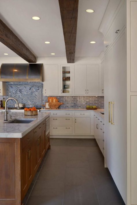 Exposed Beam Kitchen With Antique Accents | Bilotta Kitchen & Home Beam In Kitchen, Mid Century Modern Home, Mid Century Modern Kitchen, Classic Kitchen, Farmhouse Style Kitchen, Modern Farmhouse Kitchens, Mid Century Modern House, Kitchen Layout, Kitchen Style