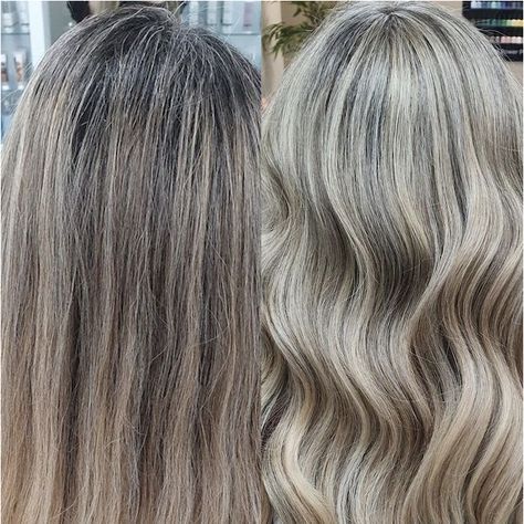 How to Cover Gray Roots on Highlighted Hair | Wella Professionals Blonde Hair With Brown Roots, Grown Out Blonde Hair, Grey Hair Roots, Toner For Blonde Hair, Ash Grey Hair, Gray Roots, Blue Grey Hair, Covering Grey Roots, Blonde Hair With Roots