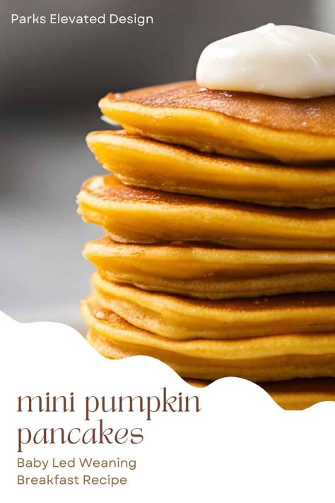 Mini Pumpkin Pancakes (Perfect For Baby Led Weaning) - Parks Elevated Design Pumpkin Pancakes For Baby, Pancakes For Baby Led Weaning, Banana Pancakes For Baby, Led Weaning Breakfast, Pancakes For Baby, Pumpkin Baby Food, Pumpkin Pancakes Easy, Baby Led Weaning Breakfast, Pumpkin Food