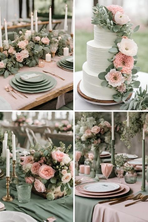 Outdoor Wedding Ideas Sage Green, Dusty Pink And Sage Green Wedding Table Decor, October Wedding Ideas Indoor, Wedding Inspo Elegant Decor, Sage Green Bridal Party Color Palettes, Sage Green And Pink Quinceanera Theme Decor, Wedding Color Schemes Sage Green, Quinceanera Color Schemes, Wedding Theme Sage Green