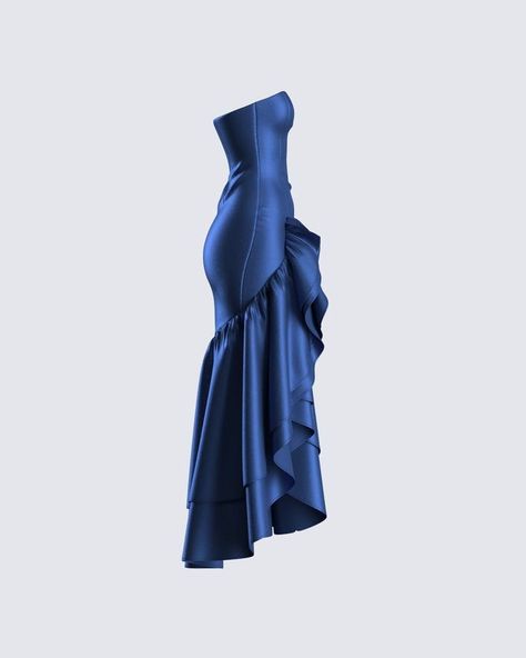 Satin Dark Blue Dress, Open Leg Dress, Vestidos Outfits, Ruffle Dresses, Ruffles Dress, Charmeuse Fabric, Classy Prom Dresses, Ruffle Maxi Dress, Looks Party