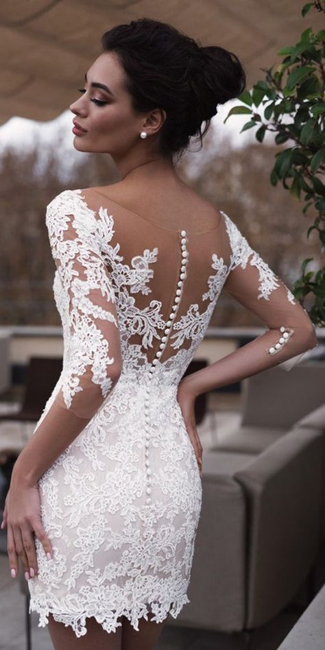 Hot Sexy Short Wedding Dresses ★ short wedding dresses lace illusion back with three quote sleeves nora noviano ★ See more: https://weddingdressesguide.com/short-wedding-dresses/ #bridalgown #weddingdress Short White Dress Wedding, Short Lace Wedding Dress, Short White Dress, Knee Length Wedding Dress, Mini Wedding Dresses, Wedding Dress Guide, Dress Guide, Wedding Dress Fabrics, Lace Bridal Gown