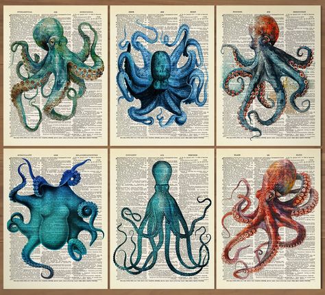 This is a set of Octopus themed prints. You will receive the six prints shown above. /Frames not included./   ORIGINAL ARTWORK: - Unique design and concept inspired by timeless images from a bygone era.   DETAILS OF PRINTS: - Printed on heavy, high quality 160 gsm paper. - The measurements of this print is 8" x 10.5". - Prints come with the dictionary text in the background. (If you buy multiple prints, the dictionary text in the background on each page will be different) - Professional print pr Squid Art, Octopus Pictures, Octopus Artwork, Octopus Art Print, Cthulhu Art, Digital Art Journal, Vintage Octopus, Natural Form Art, Octopus Wall Art