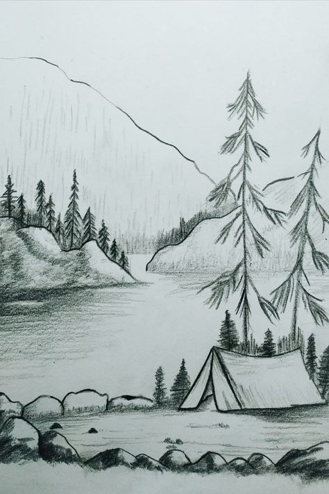 Nature Drawing Pencil Shading, Easy Landscaping Drawing, Easy Sketches Of Nature, Pencil Drawing Scenery Nature, Landscape Sketch Pencil Nature Easy, Outdoor Drawing Ideas, Pencil Sketch Scenery Nature, Drawing Ideas Landscape Pencil Easy, Drawing Ideas Scenery Easy