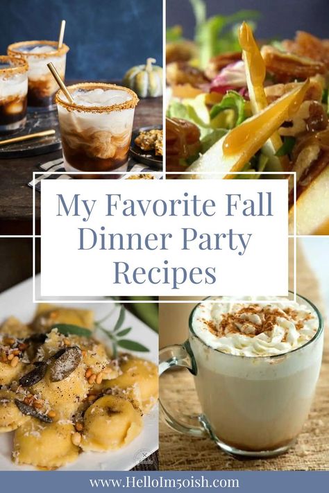 Discover how to host a fall dinner party that will delights your guests with my latest fall recipes blog post featuring my favorite fall dinner party recipes. From a pumpkin spice white Russian recipe to my favorite homemade butternut squash ravioli recipe, these fall get-together recipes are perfect for creating a cozy and inviting dinner party that everyone will remember. Click the link to read more today! Apps For Dinner Party, Fall Dinner Party Meals, Fall Farm To Table Dinner, Pumpkin Themed Dinner Party, Autumn Get Together, Hosting Fall Dinner Party, Dinner Party For 6 Menu Food, Half Baked Harvest Recipes Dinners, Fall Dinner Party Desserts