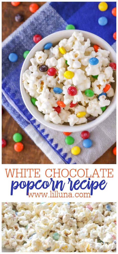 White chocolate M&M popcorn is salty and sweet snacking perfection! It is easy to make and even easier to eat. #whitechocolatemmpopcorn #m&mpopcorn #whitechocolatepopcorn #popcornwithm&ms #popcornmix White Chocolate Popcorn Recipe, Popcorn Dessert, White Chocolate Popcorn, Homemade Chocolate Truffles, Dessert Truffles, Peanut Butter Bites, Chocolate Popcorn, Candy Popcorn, Treats Recipes