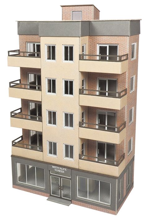 A half or low relief modern era apartment block, a perfect back scene for your layout. Combine two kits back to back for … Apartment Building Reference, Apartment Layout Bloxburg, Apartment Building Layout, Bloxburg Apartment Exterior, Sims 4 Apartment Building, Bloxburg Apartment Layout, Buildings Reference, Apartment Building Exterior, Bloxburg Town