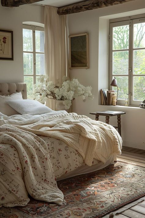 Bedroom Ideas Old Fashion, Elegant And Cozy Bedroom, Earthy Cottage Bedroom, French Theme Bedroom, Vintage Cottage Core Bedroom Ideas, Italian Cottage Bedroom, Cosy Bedroom Design, Vintage Bedroom Inspirations, Cottagecore Master Bed