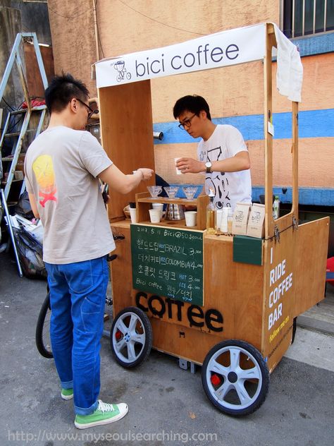 Coffee Booth, Bike Cafe, Mobile Coffee Cart, Bicycle Cafe, Korean Market, Korean Coffee, Bike Food, Mobile Coffee Shop, Container Cafe