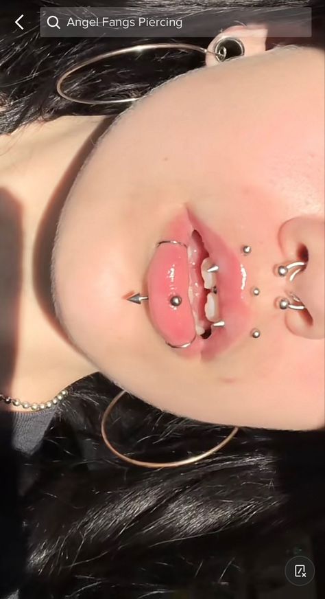 Fangs Piercing, Angel Fangs Piercing, Angel Fangs, Mouth Piercings, Lip Piercing Jewelry, Piercing Chart, Cool Ear Piercings, Pretty Ear Piercings, Face Piercings