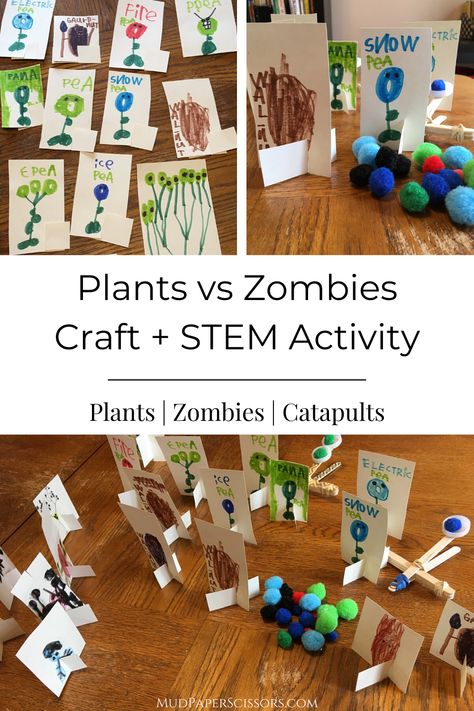 My kids made this Plants vs Zombies craft the other day, which doubled as a STEM Activity.  They used a homemade catapult as a pea shooter! #plantsvszombiescrafts #catapultproject #catapultsforkids #stemactivitieselementary #stemactivitiesforkids Zombie Preschool Activities, Plants Vs Zombies Party Games, Zombie Activities, Homemade Catapult, Zombie Craft, Reinforcement Ideas, Zombie Crafts, Popsicle Stick Catapult, Aba Activities