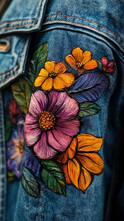 Custom hand-painted denim jacket featuring a vibrant floral design, captured in natural light using a Sony Alpha a7 III and a 50mm f/1.8 lens, showcasing intricate details in high resolution. Jean Jacket Art Ideas, Hand Painted Jeans Diy Ideas, Custom Denim Jacket Paint, Hand Painted Denim Jacket Art, Hand Painted Jean Jacket, Embroidery Creative, Surface Ornamentation, Clothes Painting, Floral Denim Jacket