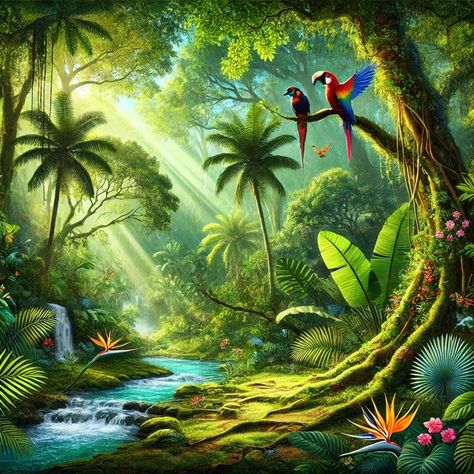 Immerse yourself in the vibrant beauty of a jungle paradise with this stunning digital artwork. The intricate details and vivid colors capture the essence of tropical nature, perfect for adding a touch of exotic beauty to your space. The image size is 1024 x 1024 pixels, and the DPI (dots per inch) is 72. Jungle Art Tropical, Tropical Forest Painting, Jungle Art Projects, Jungle Color Palette, Jungle Collage, Beautiful Rainforest, Jungle Artwork, Jungle Images, Jungle Paradise