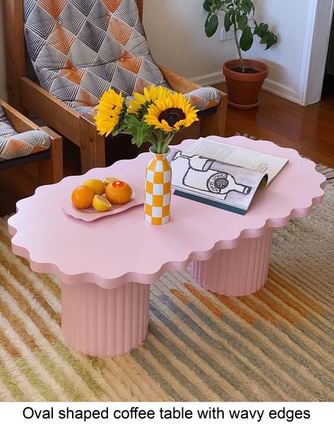 Our chunky Big Loaf.. with WAVY edges! She's a hand crafted wooden coffee table with an oval shaped top, wavy edges and our signature grooved legs. Each coffee table is complete with polyurethane satin finish that gives it an incredibly smooth texture. Shipping available Worldwide! Available in custom colours and dimensions (we LOVE doing new colours!) DM to discuss :) #coffee #table #ideas Pink Coffee Table, Shaped Coffee Table, Retro Coffee Tables, Wavy Edges, Console Desk, Coffee Table To Dining Table, Apartment Decor Inspiration, Wooden Coffee Table, Coffee And End Tables