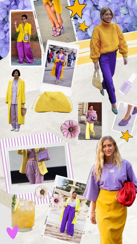 Yellow and purple outfit inspiration #outfitinspiration #outfitinspo #fashioninspo #fashionmoodboard #aesthetic #spring #springaesthetic #summer #colorpalette #yellow #purple Purple And Yellow Aesthetic Outfit, Pink And Purple Outfit Aesthetic, Purple Yellow Outfit, Yellow And Purple Outfit, Purple And Yellow Outfit, Fat Tuesday Outfit, Yellow Hijab, Color Matching Clothes, Summer Business Outfits