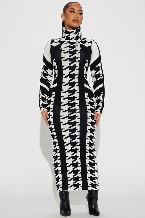 Available In Black/White. Sweater Maxi Dress Turtle Neck Long Sleeve Stretch Disclaimer Pattern Placement May Vary 80% Rayon 20% Polyester Imported | Houndstooth Sweater Maxi Dress in Black/White size Small by Fashion Nova Houndstooth Sweater, Sweater Maxi Dress, White Houndstooth, Fabulous Dresses, Black White Fashion, Black Booties, White Fashion, Black Maxi Dress, Fashion Nova