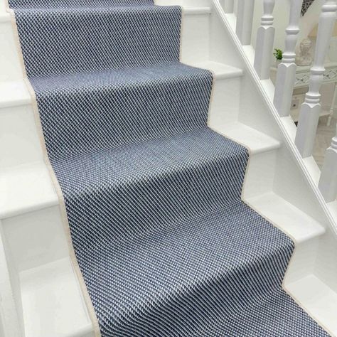 Coastal Blue Stair Runners | Runrug Beach House Stair Runner, Neutral Stair Runner Ideas, Stair Rods Carpet Runner, Navy Stair Runner, Blue Stair Runner, Beach House Stairs, Stairway Carpet, Wool Stair Runner, Striped Stair Runner