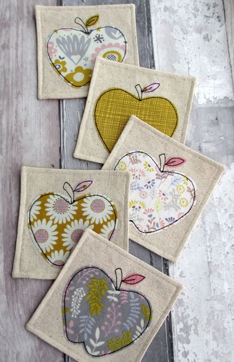 gifts for teachers, apple coasters, cornish coaster coaster, Freehand Machine Embroidery, Meet The Maker, Scrap Fabric Projects, Fabric Cards, Fabric Coasters, Free Motion Embroidery, Company Gifts, Small Sewing Projects, 자수 디자인