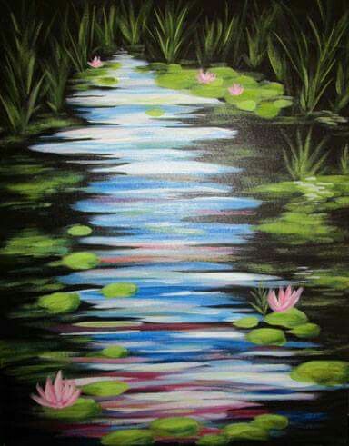 Painting Ideas Lily Pad, Easy Lily Pad Painting, Lilypad Drawing, Lily Pad Acrylic Painting, Lily Pond Painting Easy, Frogs On Lily Pads Painting, Water Lily Pond Painting, Water Lilies Painting, Color Me Mine