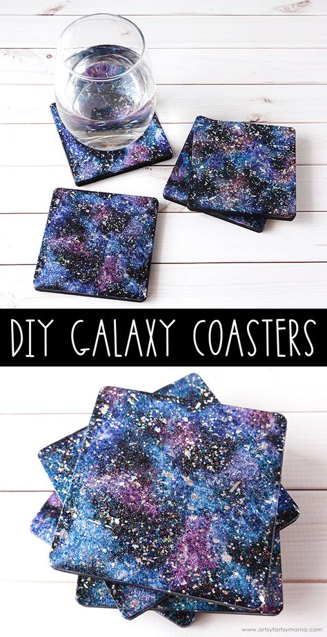 DIY Galaxy Coasters | artsy-fartsy mama Tile Crafts Ideas Ceramic Diy, Galaxy Diy Crafts, Wood Coaster Ideas Paint, Space Diy Crafts, Diy Coaster Painting Ideas, Diy Glitter Projects, Diy Glitter Crafts, Painted Coasters Diy, Paint Craft Ideas