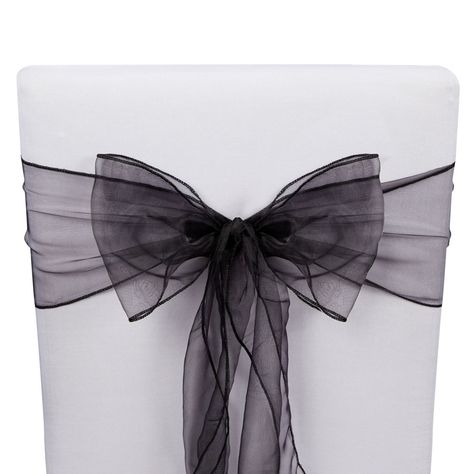 Add our set of 25 black dining chair sashes to your party décor to instantly elevate the chair covers and party atmosphere at an upcoming wedding reception, bachelorette party, engagement, or holiday celebration. Each chair bow measures 7 x 108 inches and can easily be tied with a decorative black bow in the center, perfect for wood, plastic, or metal chairs. Silver Wedding Anniversary Decorations, White Bridal Shower Theme, Black Tie Birthday Party, Black And White Party Decorations, Ribbon Chair, White Party Decorations, Black Wedding Decorations, Bday Dinner, Charity Ball