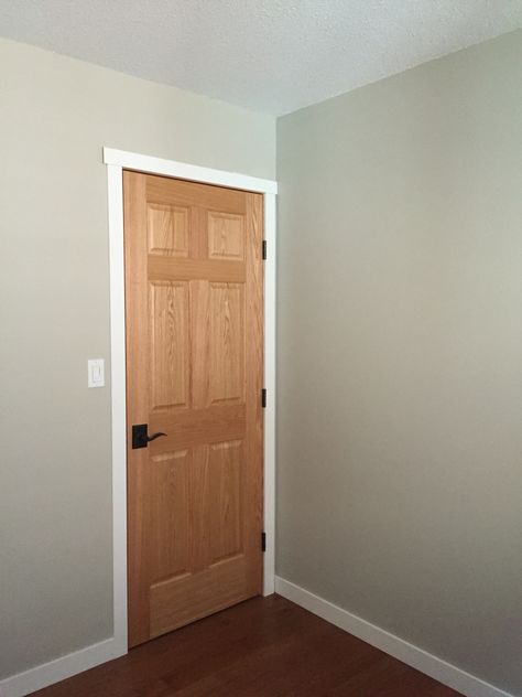 Oak door with white trim White Trim With Wood Doors Grey Walls, White Trim Oak Doors, Staining Trim, Wood Doors White Trim, Room Painting Bedroom, White Window Trim, Painting Wood Trim, White Baseboards, Paint Trim