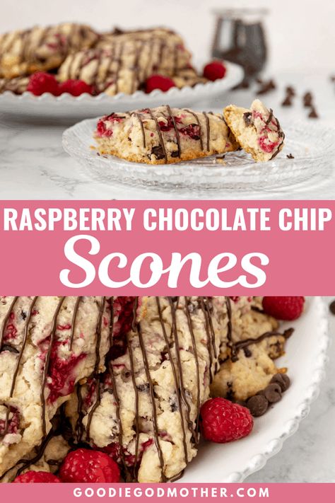 Fresh raspberry chocolate chip scones are a delicious treat to make for breakfast, brunch, or tea! Freezer friendly, and you can use fresh or frozen fruit in this easy scone recipe. * Recipe on GoodieGodmother.com #breakfastideas #bakingrecipes #scones #brunchfood #dessertrecipes #freezerfriendly #makeahead Frozen Raspberry Scones, Raspberry Chocolate Chip Scones, Raspberry Scones Recipe, Raspberry Scone, Chocolate Raspberry Scones, Easy Scone, Raspberry Dark Chocolate, Breakfast Scones, Dark Chocolate Raspberry