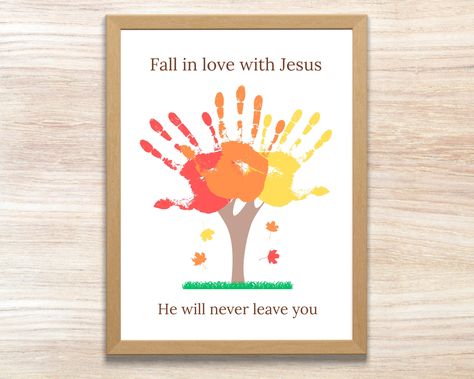 UPGRADE TO THE BUNDLE: https://www.etsy.com/listing/1752026684/fall-bible-handprint-craft-fall-bible?ref=listings_manager_grid Fall Bible Handprint Craft Fall for Jesus themed craft Make the most of your fall with this Fall for Jesus themed handprint craft. Not only will your littles have a blast creating this handprint art, but it can serve as a keepsake for years to come. It will also remind/teach them of God's word. This Bible craft works great for home, schools, churches, daycares, and anyth Jesus Fall Crafts For Kids, Falling For Jesus Craft, Religious Fall Crafts For Kids, Fall Christian Crafts, Thanksgiving Bible Crafts, Fall Sunday School Crafts, Church Mural, Classical School, Fall Handprint Crafts