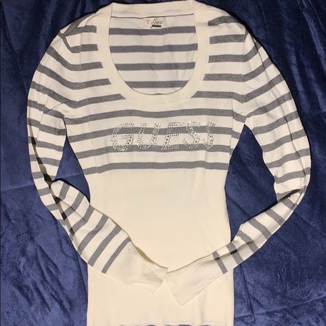 Guess Sweater, Grey And White Striped, Never Worn Scene Clothes, Poshmark Clothes, Guess Clothing, Guess Sweater, Girly Clothes, 2000s Style, Scene Outfits, Sublimation Ideas, Trashy Y2k