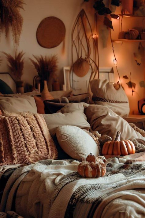 Step into a cozy autumn escape within this bedroom adorned with maple leaves and warm lights. A charming pumpkin adds a seasonal touch, creating an inviting ambiance that's perfect for relaxation. Experience the magic of fall as you unwind in this tranquil haven, where every moment becomes a cherished memory. Embrace the beauty of the season and let its warmth envelop you in pure comfort. Autumn Interior Aesthetic, Cozy Fall Room Decor Bedroom Ideas, Cosy Autumn Bedroom, Cozy Fall Bedroom Aesthetic, Bedroom Decor Grunge, Fall Esthetic, Autumn Bed, Nice Bedrooms, Bedroom Aesthetic Dark