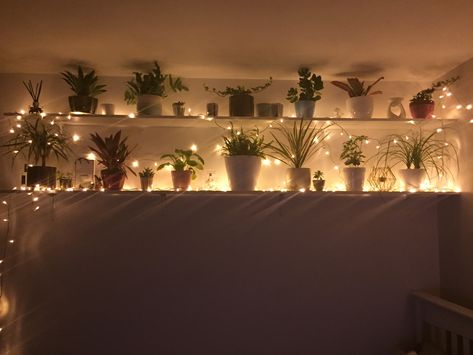 Twinkle Lights Living Room Wall, Shelves With Fairy Lights, Fairy Lights Shelves, Fairy Lights On Shelves, Fairy Lights Dining Room, Lights On Shelves, Bedroom Decor Grunge, Hipster Bedroom Decor, Fall Apartment