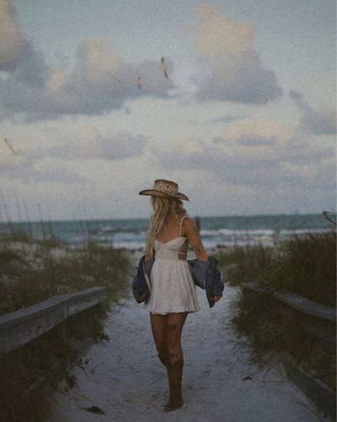 Cowboy Boots White Dress, White Dress Denim Jacket, Blue Hour Photoshoot, Cowgirl Hat Outfit, Cheap Cowgirl Boots, Cowboy Boots White, Tecovas Boots, Cowgirl Beach, Straw Cowgirl Hat