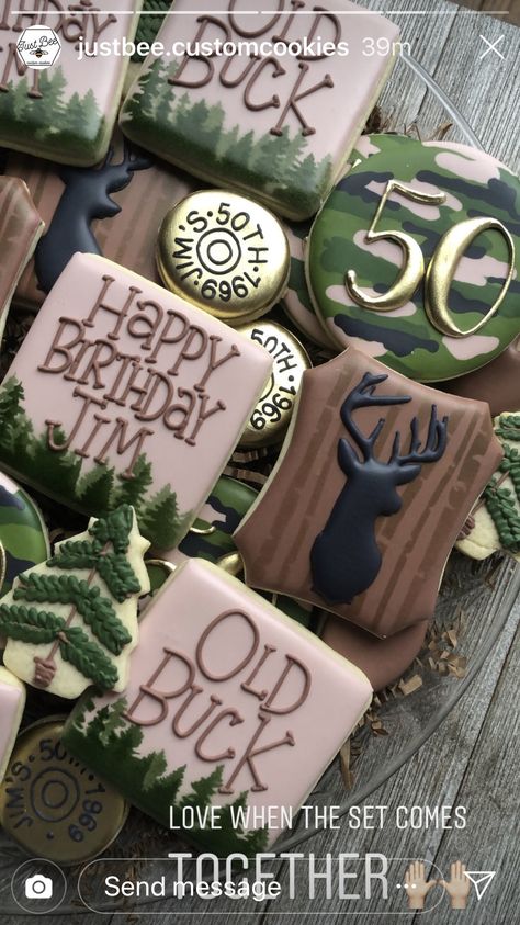 Hunting Birthday Cookies Decorated, Hunting Theme 50th Birthday, Hunting 50th Birthday Party, 40th Birthday Hunting Theme, 30th Birthday Hunting Theme, Hunting Party Ideas For Men, Old Buck Birthday Party, Hunting 40th Birthday Party, Hunting Themed Birthday Party For Men