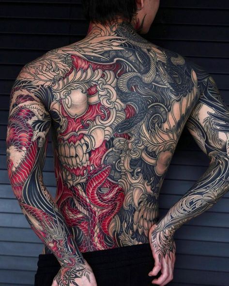 Yakuza Style Tattoo, Blitz Tattoo, Japanese Back Tattoo, Oni Tattoo, Torso Tattoos, Yakuza Tattoo, Back Piece Tattoo, Full Back Tattoos, Chest Piece Tattoos