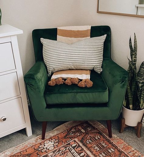 Dark Green Chair Bedroom, Green Sitting Chair, Green Armchair Reading Nook, Emerald Chair Bedroom, Mid Century Oversized Chair, Green Side Chairs Living Room, Green Comfy Chair, Velvet Green Accent Chair, Accent Chairs For Bedroom Boho