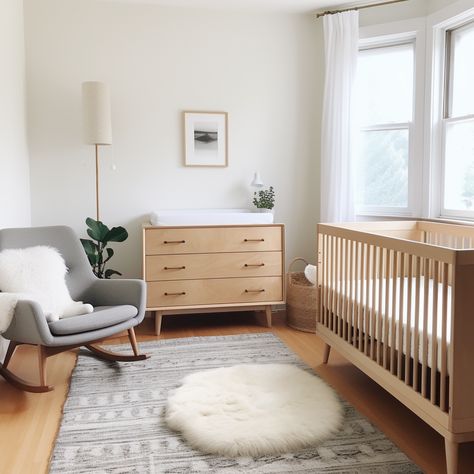 A modern baby boy's room with a Scandinavian design features a clean and minimalistic aesthetic. It includes light-colored wood furniture, such as a crib and changing table, paired with neutral tones and simple geometric patterns. Soft textiles like blankets and curtains add warmth to the space. Office And Baby Room Combo, Nursery Change Table, Minimalist Crib, Scandinavian Baby Room, Nursery Changing Table, Room Inspired, White Crib, Minimalist Nursery, Minimalistic Aesthetic