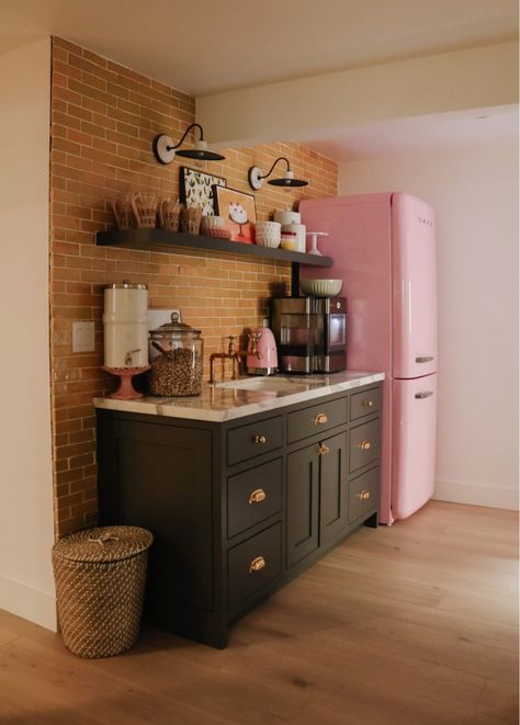 Pink Fridge Kitchen, Retro Fridge Kitchen, Pink Smeg Fridge, Yellow Backsplash, Unique Kitchen Ideas, Pink Fridge, Basement Wet Bar, Basement Kitchenette, Smeg Fridge