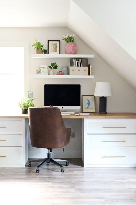 An Ikea Hack worth repeating | the studio desks Ikea Desk Hack, Cheap Office Furniture, Ikea Office, Slanted Ceiling, Ikea Desk, Office Guest Room, Office Office, Creative Workspace, Leather Office Chair