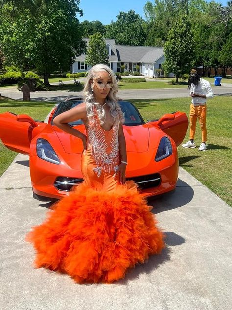 Orange Prom Decorations, Orange Prom Dress Mermaid, Orange Prom Dress With Date, Bright Orange Prom Dress, Ugly Prom Dress, Orange Mermaid Prom Dress, Prom Dresses Orange, Girl Prom Dress, Orange Dress Wedding