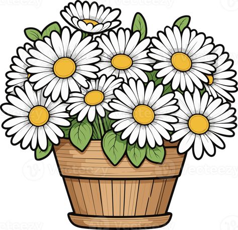 Beautiful blooming daisy flowers in wooden pot, floral clipart, design element for card, April birth month flowers, spring, summer, tropical, children book, gardening, botany, vintage, mother, cartoon Mother Cartoon, Daisy Cartoon, April Birth Month, Wooden Pot, Floral Clipart, Summer Tropical, Wedding People, Children Book, Month Flowers