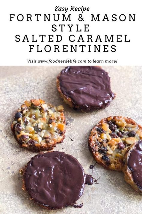 Fortnum & Mason Style Salted Caramel Florentines Recipe Pin Mixed Peel Recipes, Florentine Cookies Recipe, Florentine Cookies, London At Christmas, Stem Ginger, Florentines Recipe, Lace Cookies, Visiting London, Xmas Treats